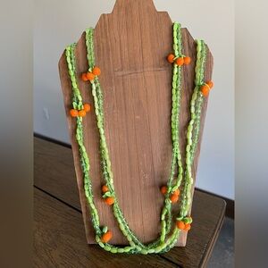 Retro Vintage Orange Green Glass Beaded Strand 29" Necklace